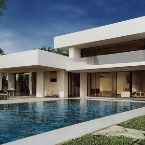 a modern house with a swimming pool and a large patio at The 