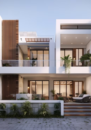 modern villa with wooden balconies and balconies at The 