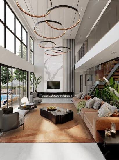 a modern living room with a large glass ceiling at The 